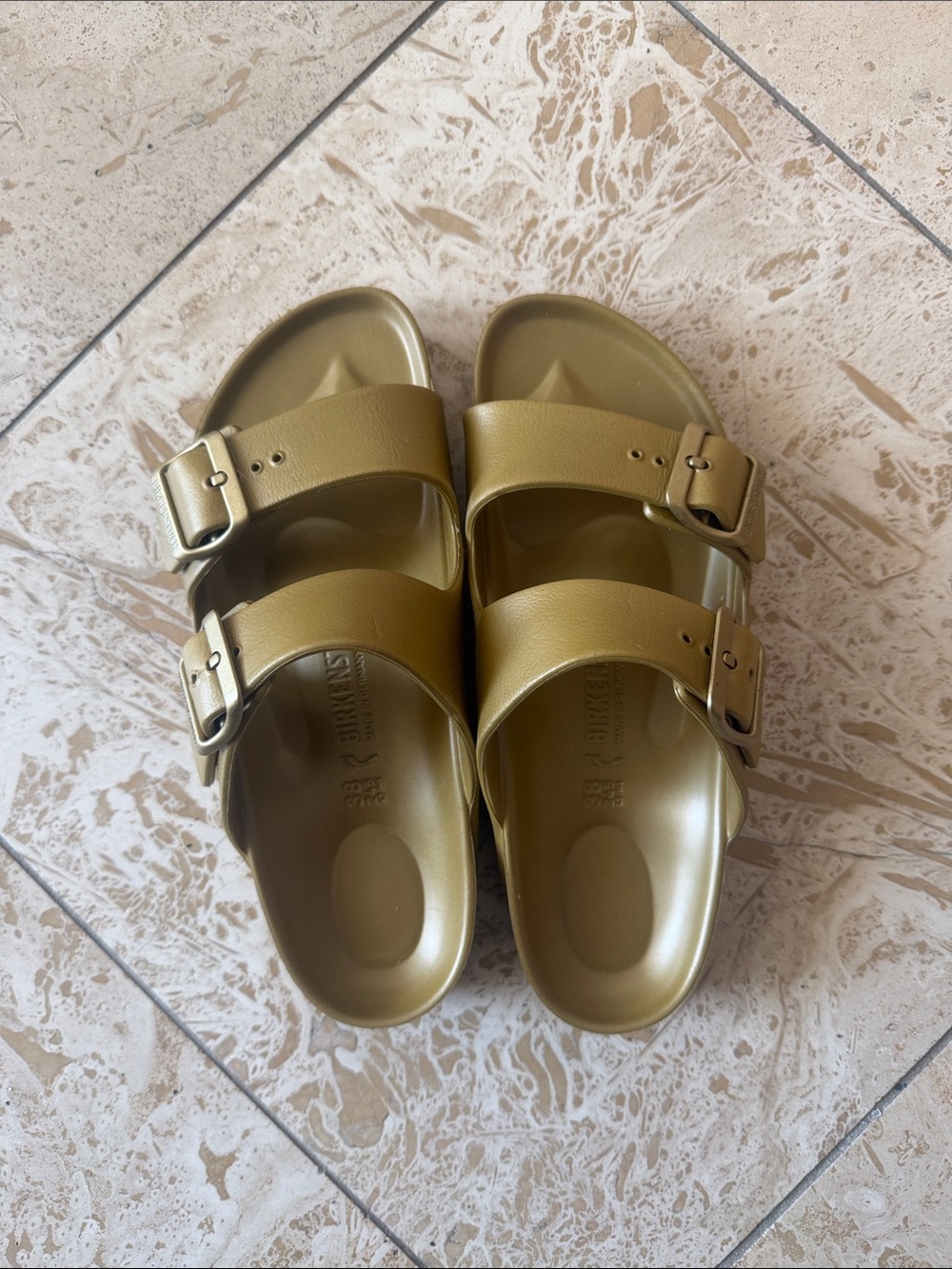 Birkenstock Two-Strap Arizona EVA Sandals in Metallic Olive Gold Size 38